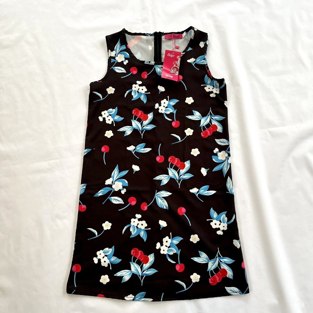 NWT Ruiyige Cherry Blossom Dress Y2K Small Black Lightweight Sleeveless Shift